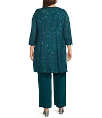 R & M Richards Plus Size 3/4 Sleeve Embellished Round Neck Lace Duster 3-Piece Pant Set