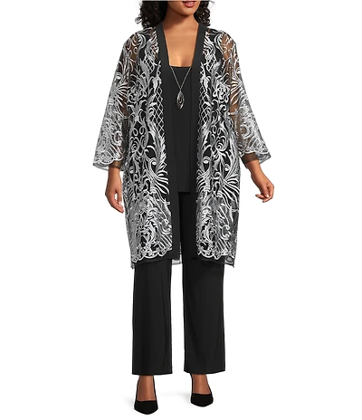 R & M Richards Plus Size 3/4 Sleeve Scoop Neck Embellished Sequin Jacket 3-Piece Pant Set