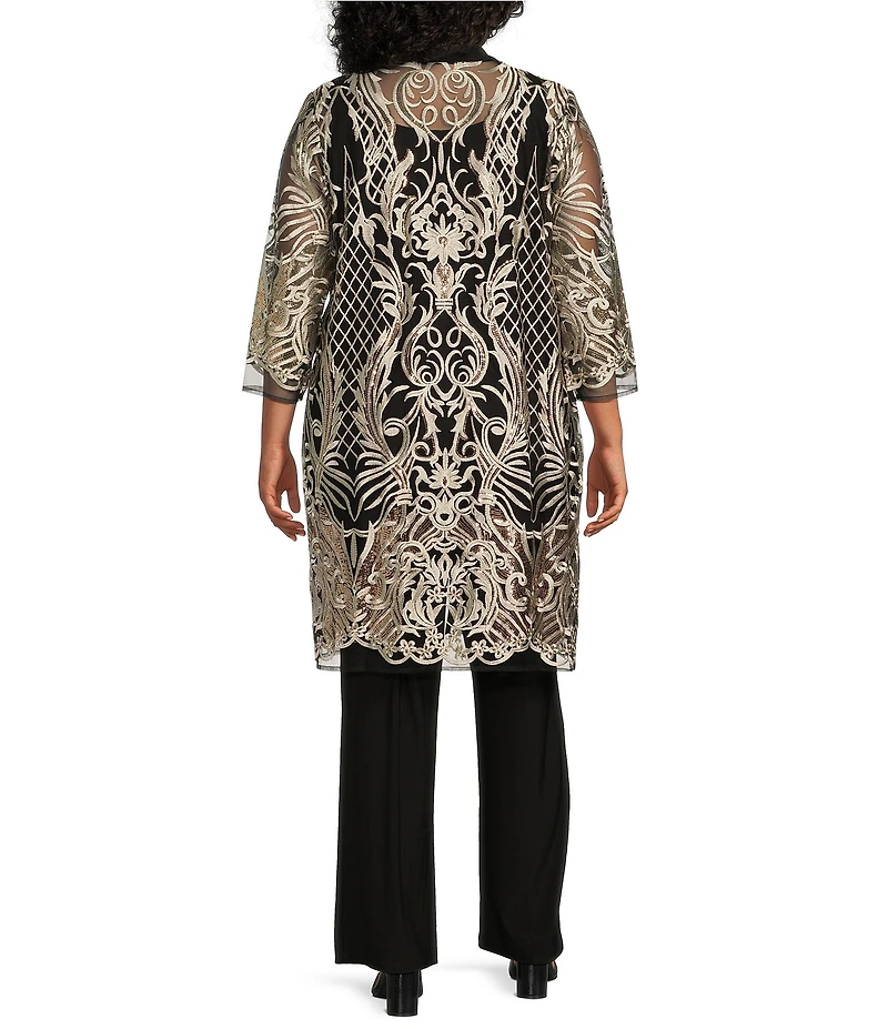 R & M Richards Plus Size 3/4 Sleeve Scoop Neck Embellished Sequin Jacket 3-Piece Pant Set