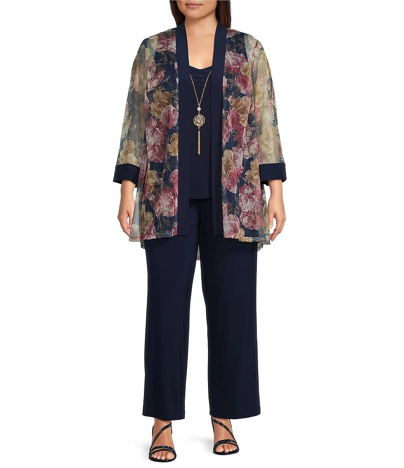 R & M Richards Plus Size 3/4 Sleeve Sweetheart Neck Embellished Sequin Jacket 3-Piece Pant Set