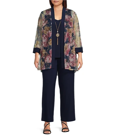 R & M Richards Plus Size 3/4 Sleeve Sweetheart Neck Embellished Sequin Jacket 3-Piece Pant Set