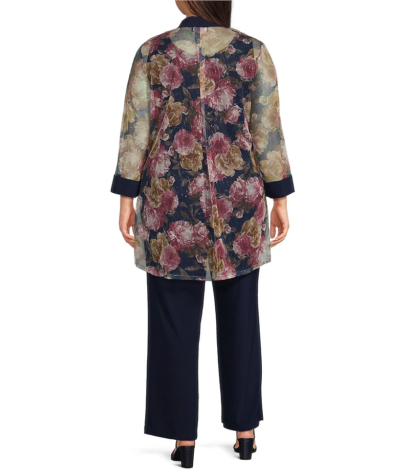 R & M Richards Plus Size 3/4 Sleeve Sweetheart Neck Embellished Sequin Jacket 3-Piece Pant Set