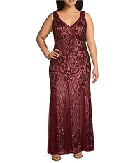 R & M Richards Plus Size Beaded Lace Sequin Mesh V-Neck Sleeveless Mermaid Gown