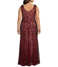 R & M Richards Plus Size Beaded Lace Sequin Mesh V-Neck Sleeveless Mermaid Gown