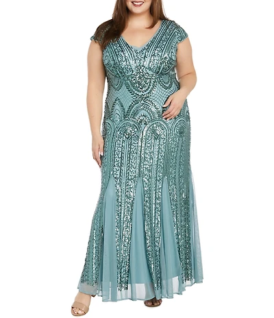 R & M Richards Plus Size Cap Sleeve V-Neck Godet Insets Embroidered Sequin Long Dress