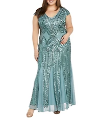 R & M Richards Plus Size Cap Sleeve V-Neck Godet Insets Embroidered Sequin Long Dress