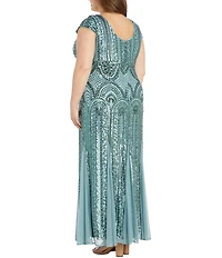 R & M Richards Plus Size Cap Sleeve V-Neck Godet Insets Embroidered Sequin Long Dress