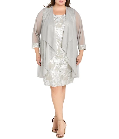 R & M Richards Plus Size Chiffon Ansel Foil Print Beaded Scoop Neck 3/4 Sleeve 2-Piece Jacket Dress