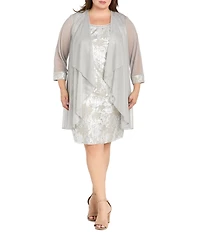 R & M Richards Plus Size Chiffon Ansel Foil Print Beaded Scoop Neck 3/4 Sleeve 2-Piece Jacket Dress