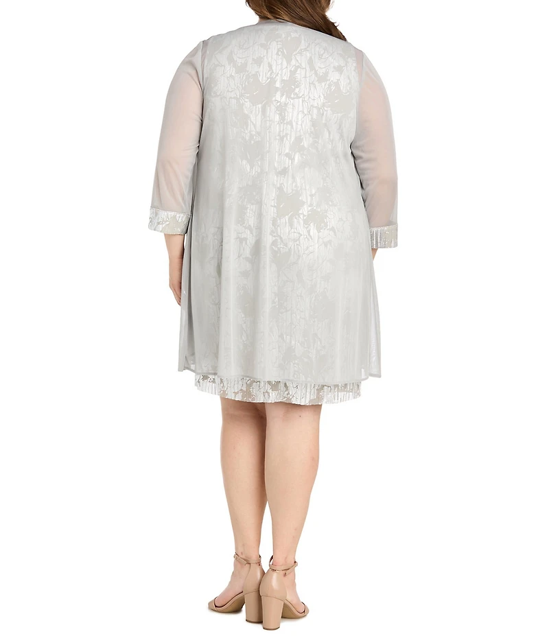 R & M Richards Plus Size Chiffon Ansel Foil Print Beaded Scoop Neck 3/4 Sleeve 2-Piece Jacket Dress