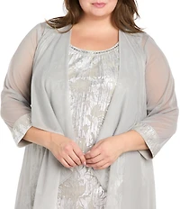 R & M Richards Plus Size Chiffon Ansel Foil Print Beaded Scoop Neck 3/4 Sleeve 2-Piece Jacket Dress