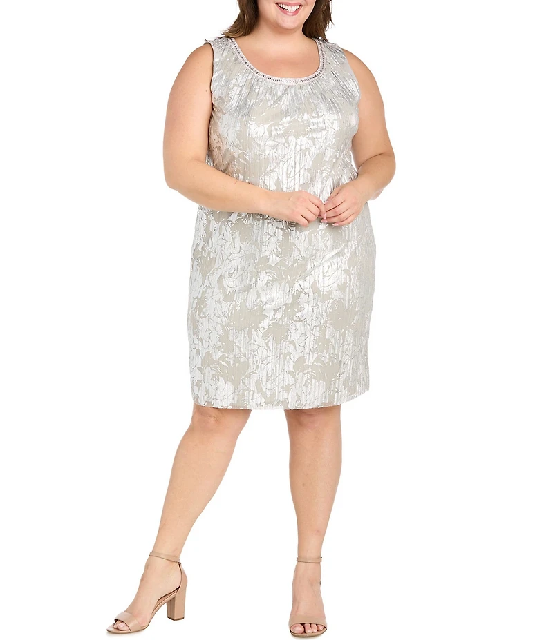 R & M Richards Plus Size Chiffon Ansel Foil Print Beaded Scoop Neck 3/4 Sleeve 2-Piece Jacket Dress