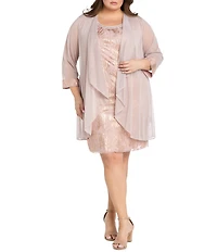 R & M Richards Plus Size Chiffon Ansel Foil Print Beaded Scoop Neck 3/4 Sleeve 2-Piece Jacket Dress