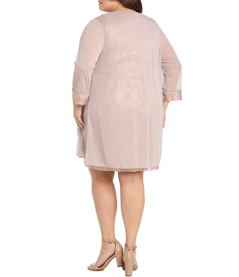R & M Richards Plus Size Chiffon Ansel Foil Print Beaded Scoop Neck 3/4 Sleeve 2-Piece Jacket Dress