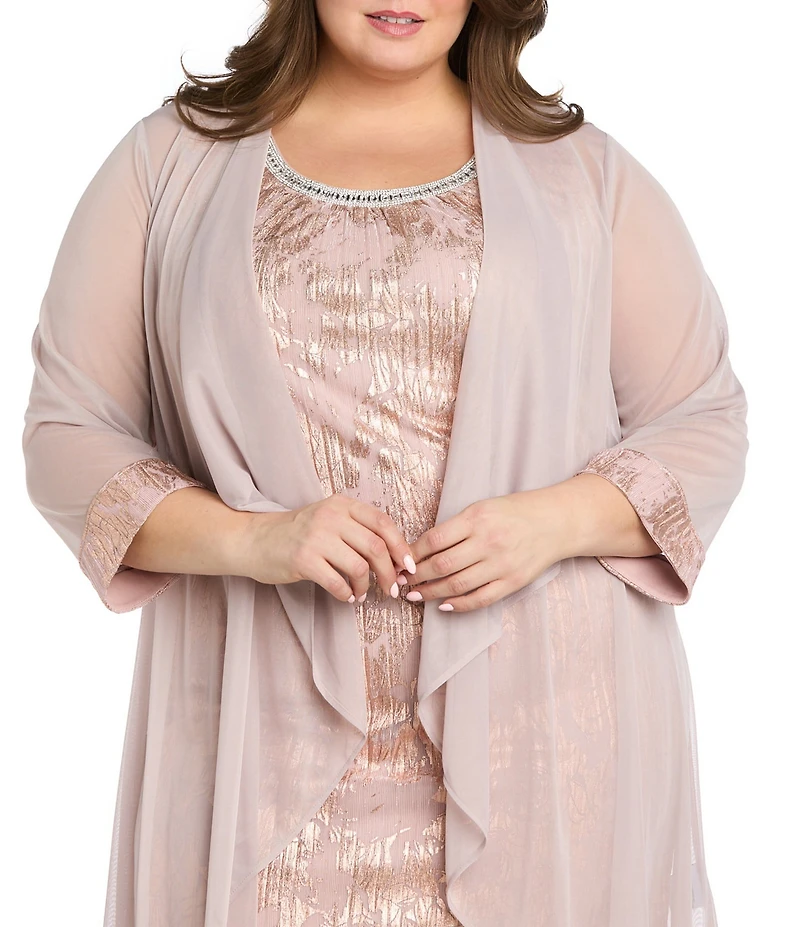 R & M Richards Plus Size Chiffon Ansel Foil Print Beaded Scoop Neck 3/4 Sleeve 2-Piece Jacket Dress