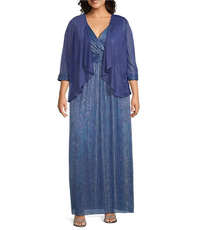 R & M Richards Plus Size Chiffon Metallic Pleat Crinkle 2-Piece Jacket Dress