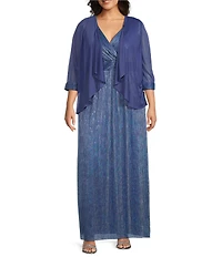 R & M Richards Plus Size Chiffon Metallic Pleat Crinkle 2-Piece Jacket Dress
