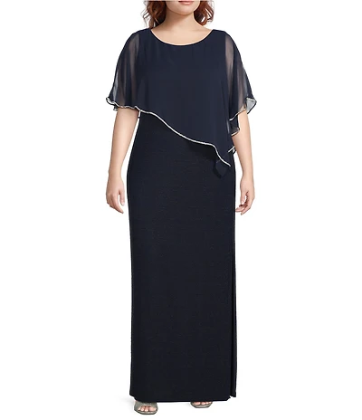 R & M Richards Plus Size Chiffon Metallic Stripe Rhinestone Trim Poncho Dress
