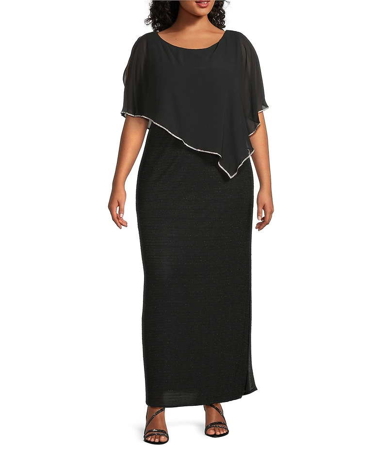 R & M Richards Plus Size Chiffon Metallic Stripe Rhinestone Trim Poncho Dress