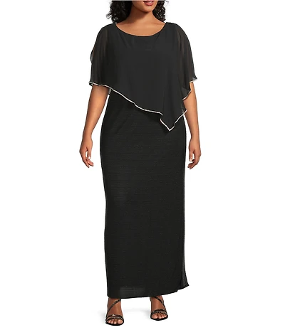 R & M Richards Plus Size Chiffon Metallic Stripe Rhinestone Trim Poncho Dress