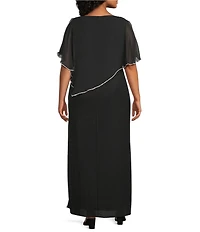 R & M Richards Plus Size Chiffon Metallic Stripe Rhinestone Trim Poncho Dress