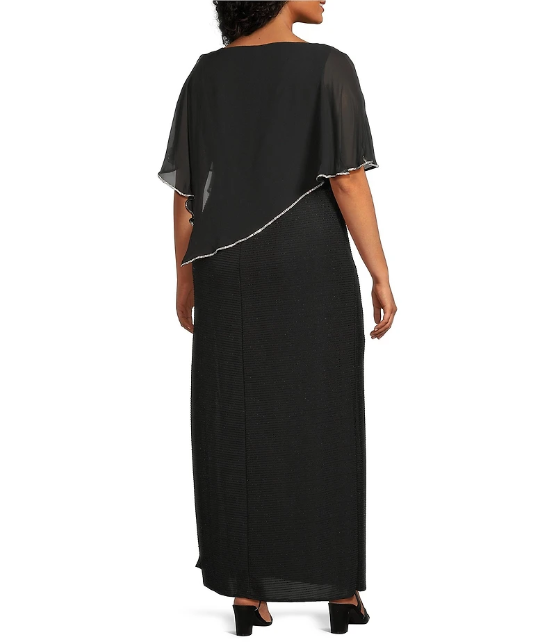R & M Richards Plus Size Chiffon Metallic Stripe Rhinestone Trim Poncho Dress