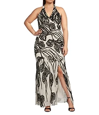 R & M Richards Plus Size Contrast Floral Sequin Motif Halter Sleeveless Godet Skirt Gown