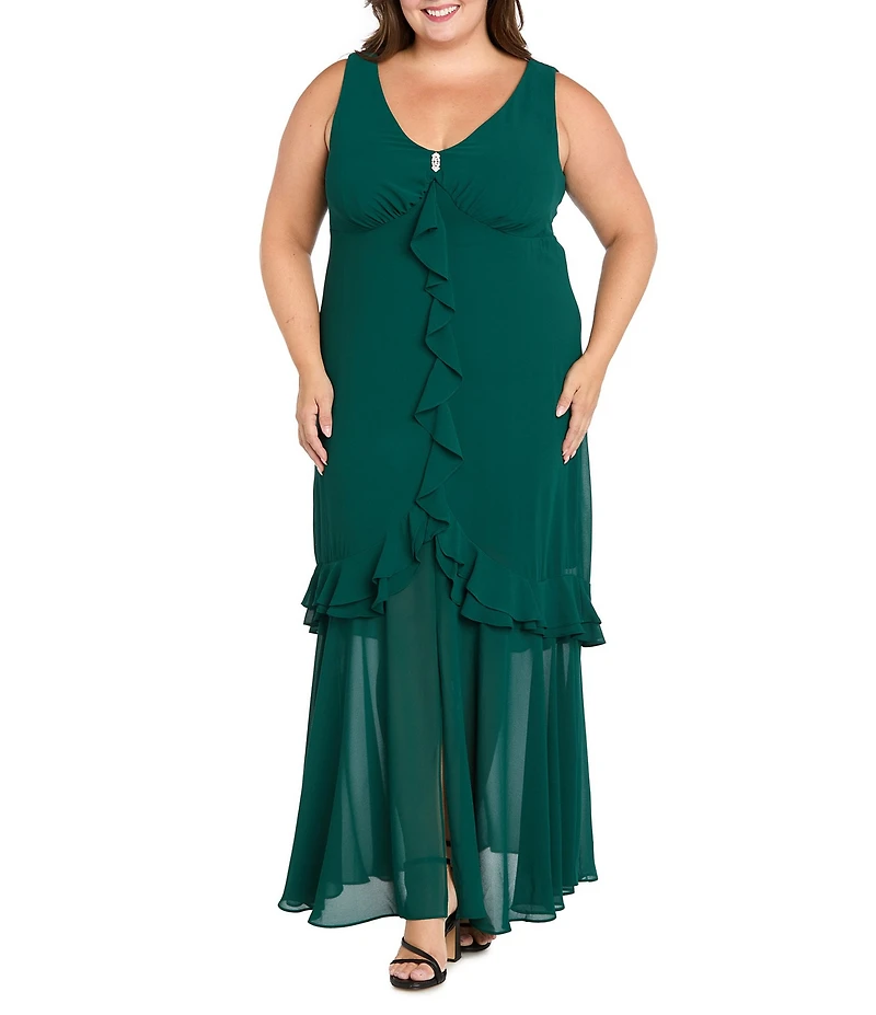 R & M Richards Plus Size Crepe Chiffon 2-Piece Short Sleeve Capelet Ruffle Gown