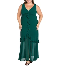 R & M Richards Plus Size Crepe Chiffon 2-Piece Short Sleeve Capelet Ruffle Gown