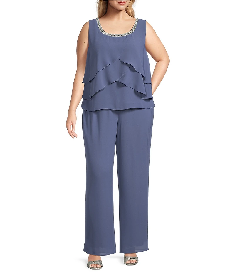 R & M Richards Plus Size Crepe Chiffon 3/4 Sleeve 3-Piece Pantsuit