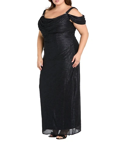 R & M Richards Plus Size Crinkle Long Pleated Dress With Cowl Neckline
