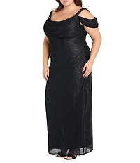 R & M Richards Plus Size Crinkle Long Pleated Dress With Cowl Neckline