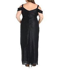R & M Richards Plus Size Crinkle Long Pleated Dress With Cowl Neckline