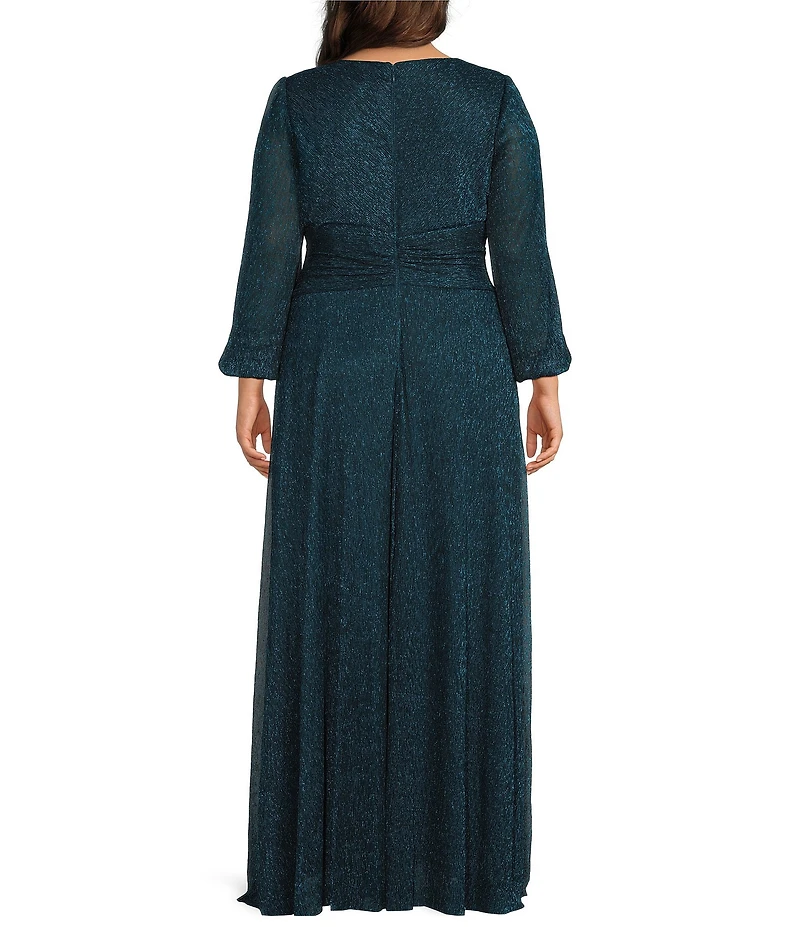 R & M Richards Plus Size Crinkle Pleated 3/4 Balloon Sleeve Long Dress