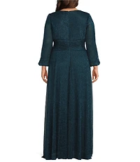 R & M Richards Plus Size Crinkle Pleated 3/4 Balloon Sleeve Long Dress