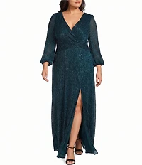 R & M Richards Plus Size Crinkle Pleated 3/4 Balloon Sleeve Long Dress
