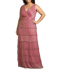 R & M Richards Plus Size Crinkled Lurex Mesh V-Neck Sleeveless Tiered Gown