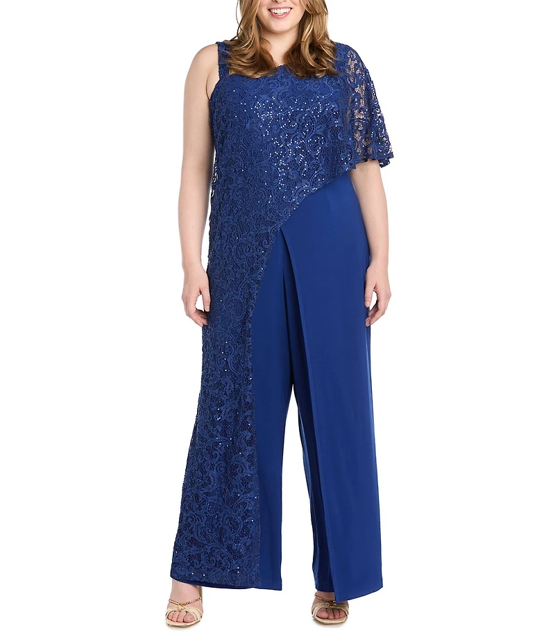 R & M Richards Plus Size Embroidered Sequin Lace Capelet Jumpsuit