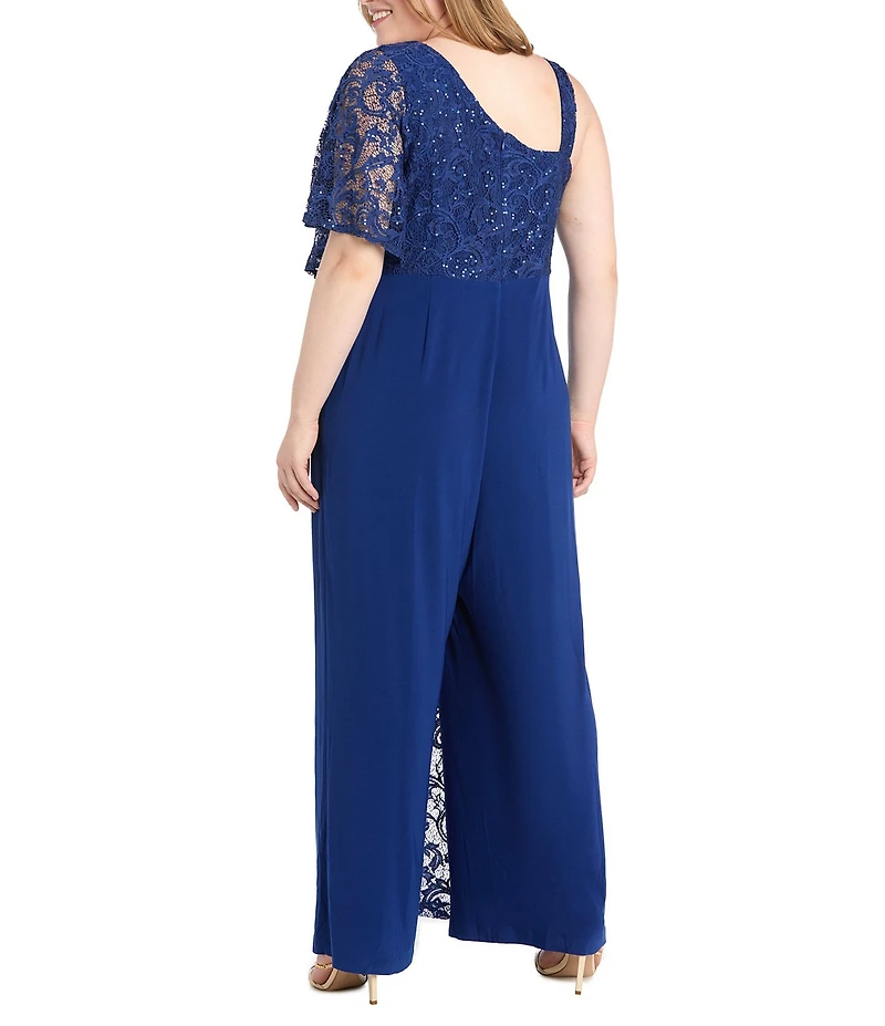 R & M Richards Plus Size Embroidered Sequin Lace Capelet Jumpsuit