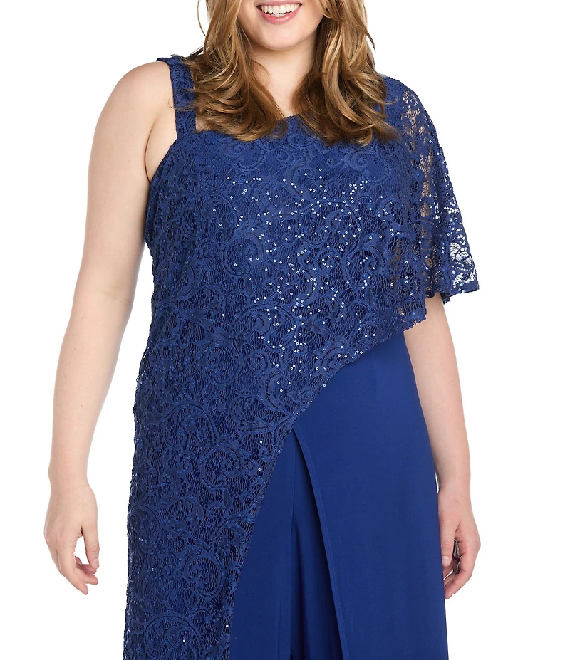 R & M Richards Plus Size Embroidered Sequin Lace Capelet Jumpsuit