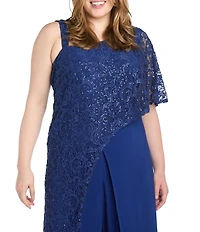 R & M Richards Plus Size Embroidered Sequin Lace Capelet Jumpsuit