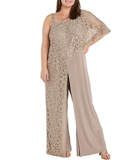R & M Richards Plus Size Embroidered Sequin Lace Capelet Jumpsuit