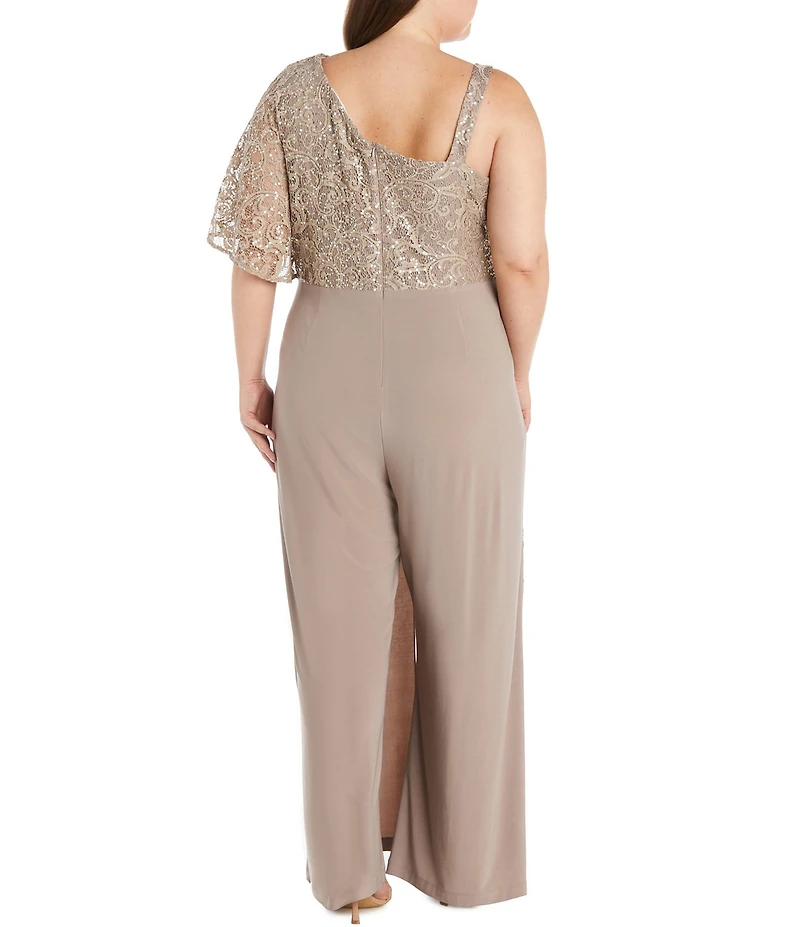 R & M Richards Plus Size Embroidered Sequin Lace Capelet Jumpsuit