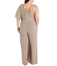 R & M Richards Plus Size Embroidered Sequin Lace Capelet Jumpsuit