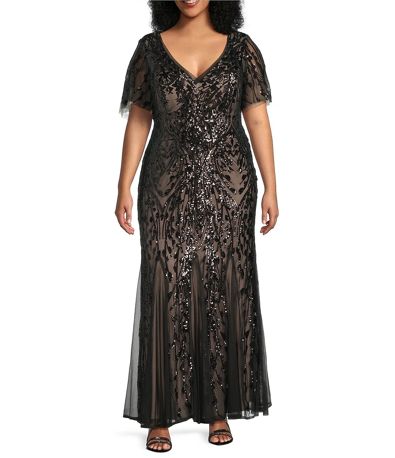 R & M Richards Plus Size Embroidered Sequin Power Mesh Empire Waist Short Flutter Sleeve Gown