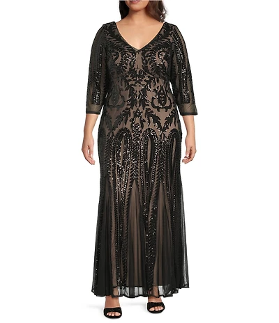 R & M Richards Plus Size Embroidered Sequin Power Mesh V-Neck 3/4 Sleeve Godet Skirt Gown