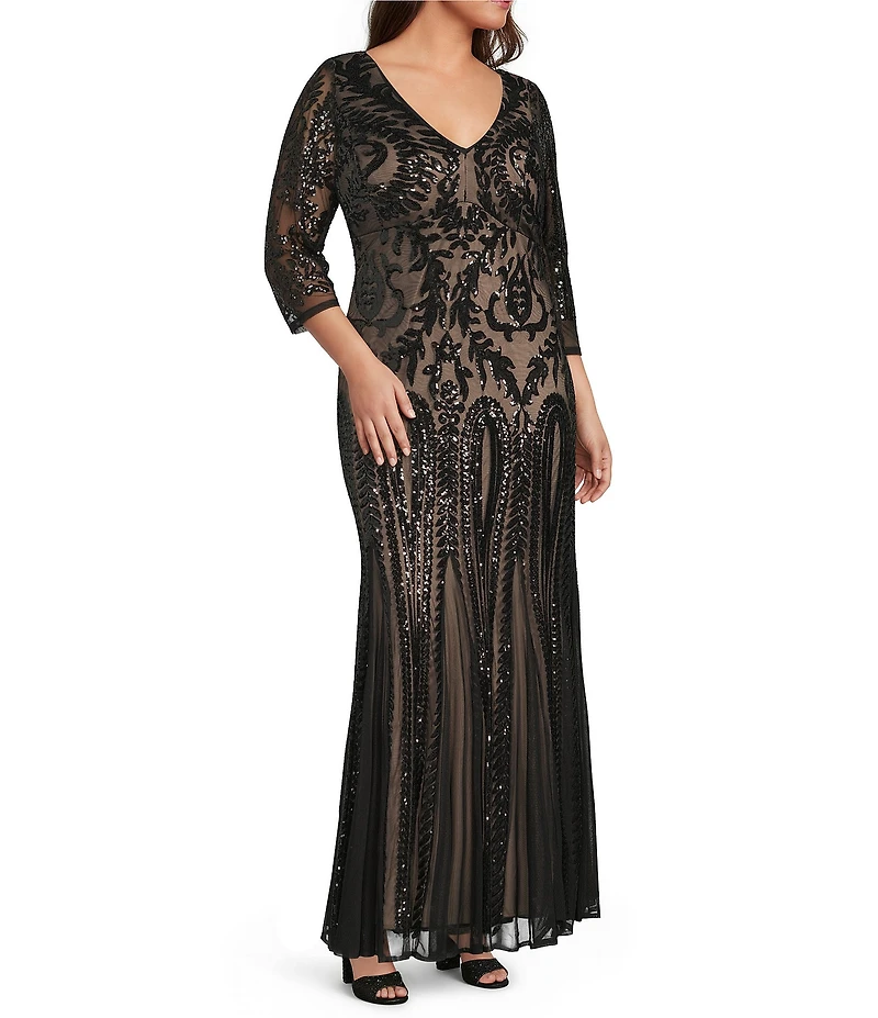 R & M Richards Plus Size Embroidered Sequin Power Mesh V-Neck 3/4 Sleeve Godet Skirt Gown