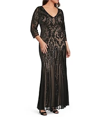 R & M Richards Plus Size Embroidered Sequin Power Mesh V-Neck 3/4 Sleeve Godet Skirt Gown