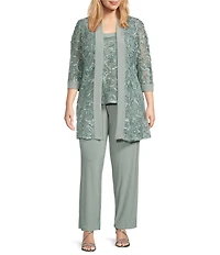 R & M Richards Plus Size Embroidered Soutache Mesh Lace 3/4 Sleeve Scoop Neck 2-Piece Pant Set