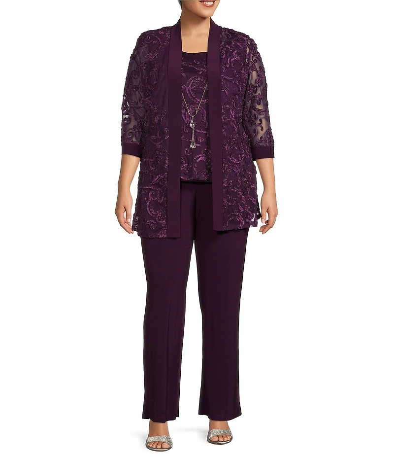 R & M Richards Plus Size Embroidered Soutache Mesh Lace 3/4 Sleeve Scoop Neck 2-Piece Pant Set